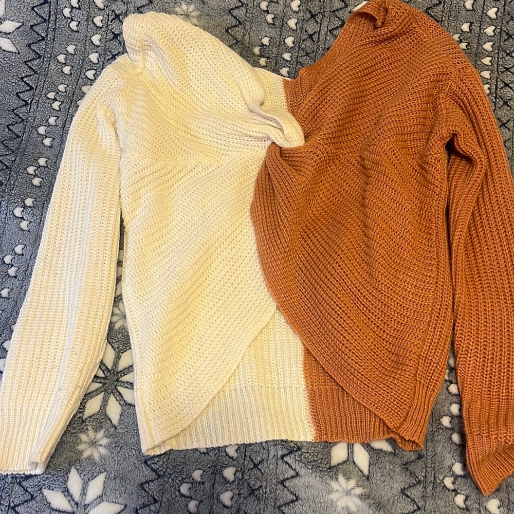Cream white & a brownish orange sweater (reversible)